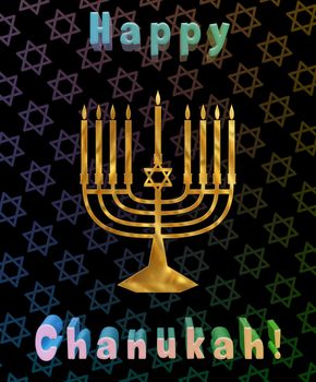 Illustration of a menorah with Happy Chanukah text