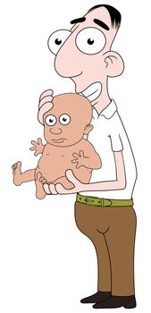 Isolated cartoon Man holding a baby