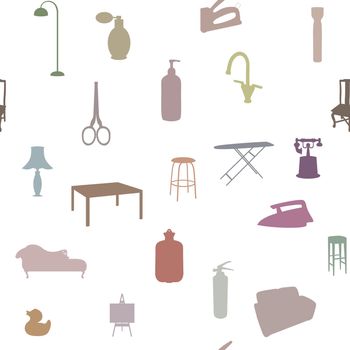Seamless background containing pastel coloured household objects