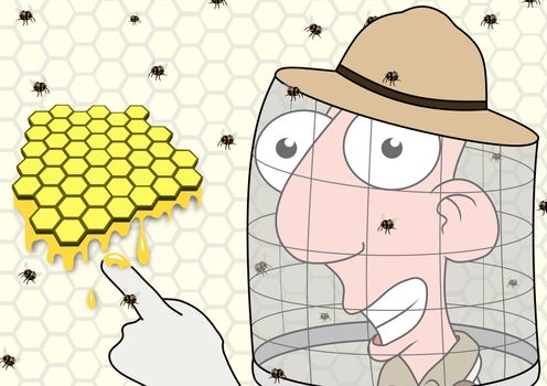 Illustration of a Beekeeper pointing at honeycomb