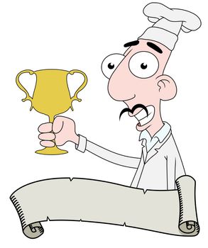 Illustrated chef holding a trophy with a scroll in front