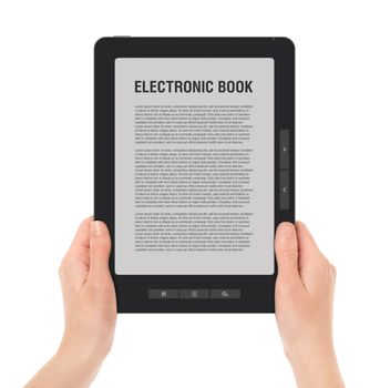 Females hands holding portable e-book reader with two clipping path for screen and book with hands. LOREM IPSUM text on e-book screen. XXXL size, ultra quality. Isolated on white.