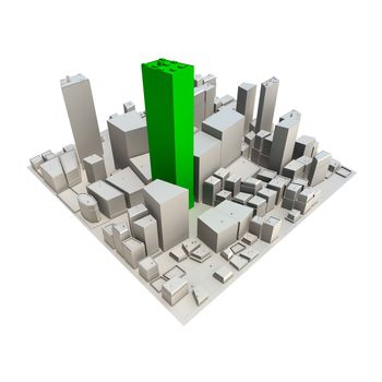 3D cityscape model at daytime with green skyscraper in center - no shadow