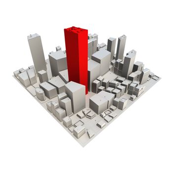 3D cityskape model at daytime with a red skyscraper in the center - no shadow