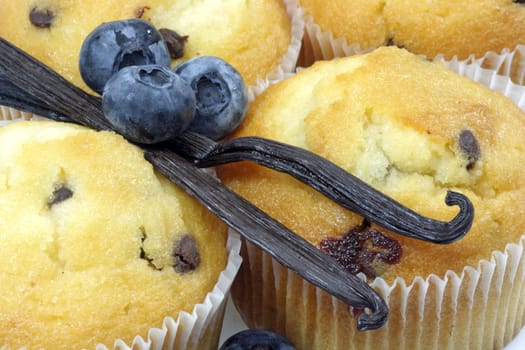 Muffins with blueberries on bright background