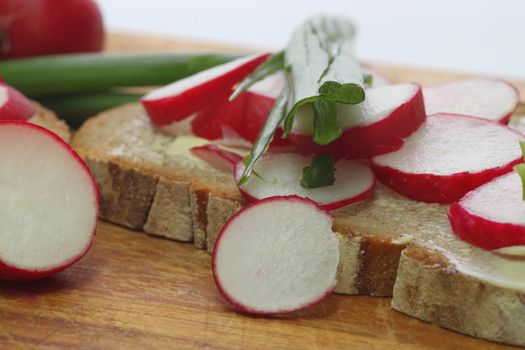 Fresh radish bread with spring leek as background