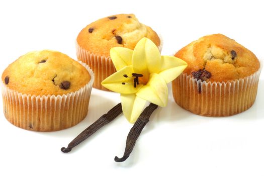 Muffins with vanilla beans on bright background