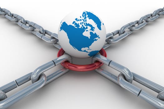 Chain fastened by red ring. Isolated 3D image