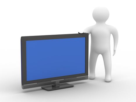 TV and man on white background. Isolated 3D image