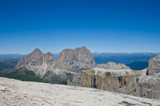 Summer view from Saas Pordoi of italian Dolomites in val di fassa with Sassolungo - Langkofel mount.  Photo taken with polarizer filter