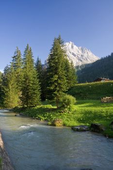 summer view of Avisio river in Val di Fassa, italian dolomites