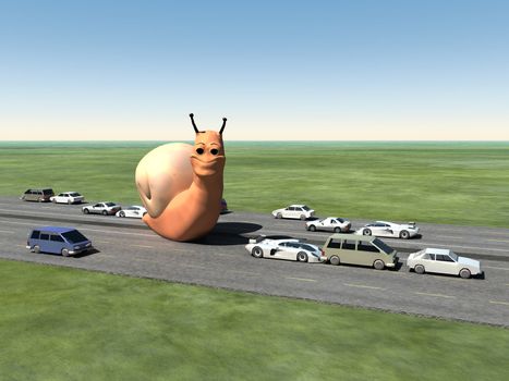 A surreal humorous image of a giant snail on a busy motorway.