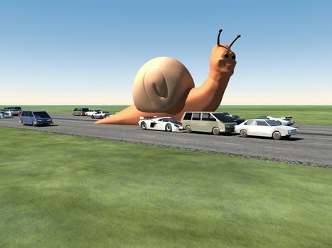 A surreal humorous image of a giant snail on a busy motorway.