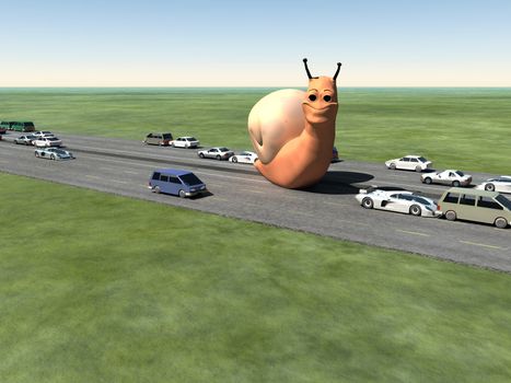 A surreal humorous image of a giant snail on a busy motorway.