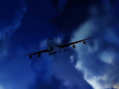 An aircraft flying high in a cloudy sky. 