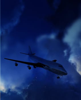 An aircraft flying high in a cloudy sky. 