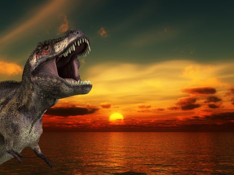 A Tyrannosaurus Rex roaring at a sunrise.