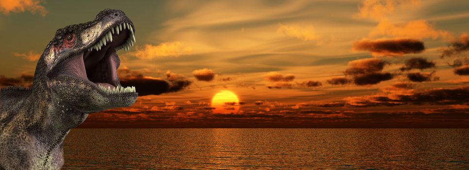 A Tyrannosaurus Rex roaring at a sunrise.