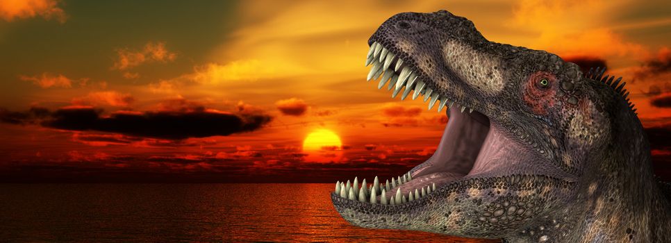 A Tyrannosaurus Rex roaring at a sunrise.