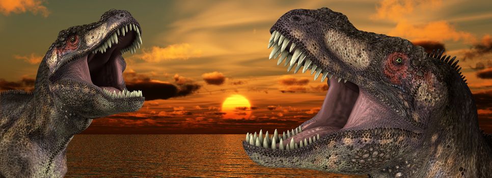 A Tyrannosaurus Rex roaring at a sunrise.