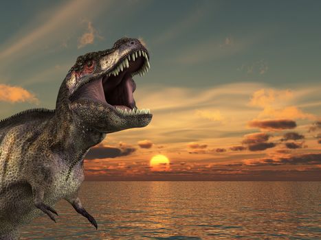 A Tyrannosaurus Rex roaring at a sunrise.
