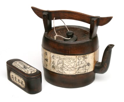 Antique chinese teapot of bamboo and ivory. More tea images