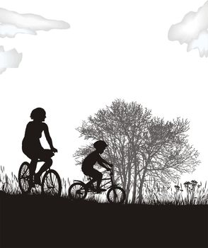 illustration of women and a boy in the countryside on bicycles