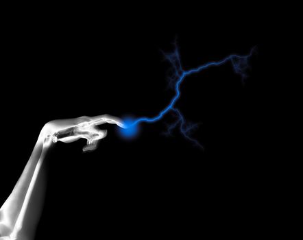 A skeleton hand that is shooting out electricity.