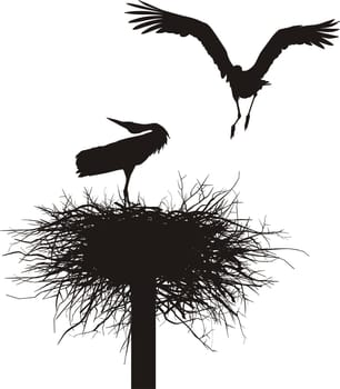 Silhouettes of two storks to nest