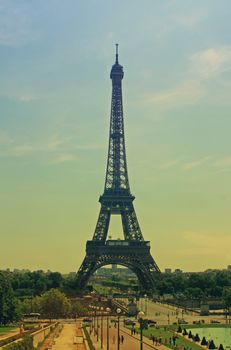 Tour Eiffel Paris France with a retro effect applied evocative of the 1960's period.