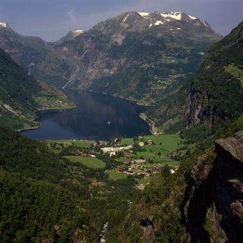 View of Geiranger fjord with waterfalls