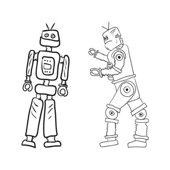 A drawing of two robots in different poses.  