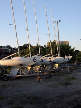 Numbered sailing boats ready for racing or fun
