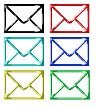 Set of six colorful mail communication icons isolated on white background.