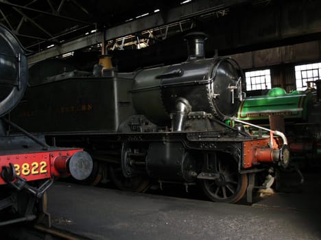 Steam trains in shed at the Didcot Railway Centre, Oxfordshire
