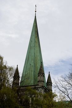 The spire of the famous Nidaros Cathedral in Trondheim, Norway.