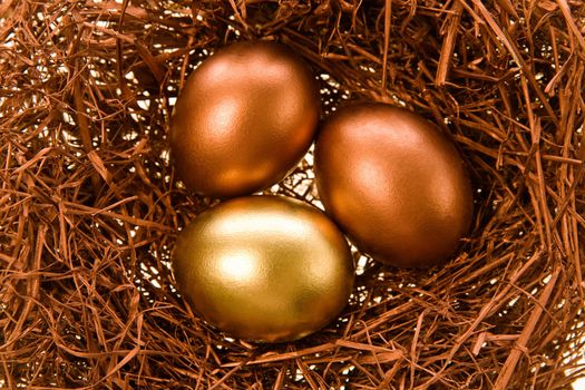 Two chocolate eggs and one gold lay in a nest

