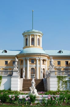 Manor house in ArKhangelskoye estate, Moscow. View from terraced garden. Vertical version