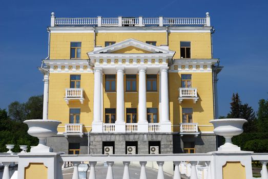 Yellow building with white classical portico. Arkhangelskoye estate, Moscow, Russia
