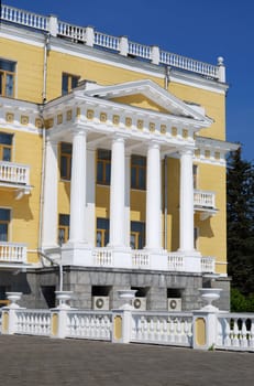 Yellow building with white classical portico. Arkhangelskoye estate, Moscow, Russia