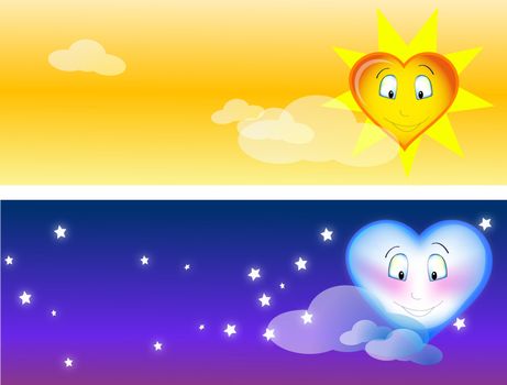 Day and night love icons agains starry and sunny bakcground