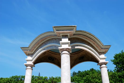 Roof of garden pavilion with blue sky as background. Archangelskoe estate, Moscow, Russia