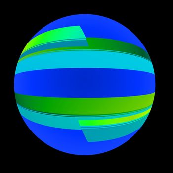 A circular abstract image done is shades of blues and greens. A blue globe wrapped in ribbon.