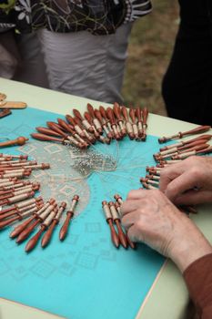 Process of lace-making with bobbins 