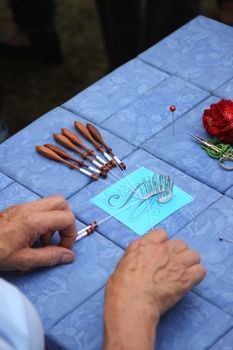 Process of lace-making with bobbins 