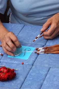 Process of lace-making with bobbins 