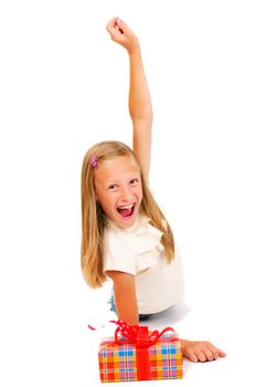 Girl with gift on a white background isolated