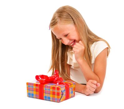 Girl with gift on a white background isolated