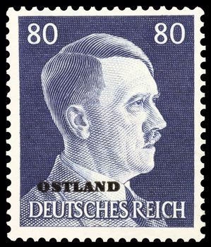 Adolf Hitler on German stamp isolated in black