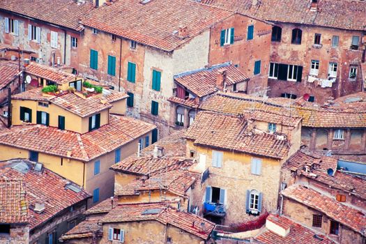 Aerial shot of crowded residential structures in old city of Siena, Tuscany, Italy, Europe